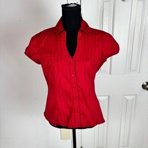 IZ Byer California Womens Red Tonal Stripe Short Puff Sleeve Button Up Top Large